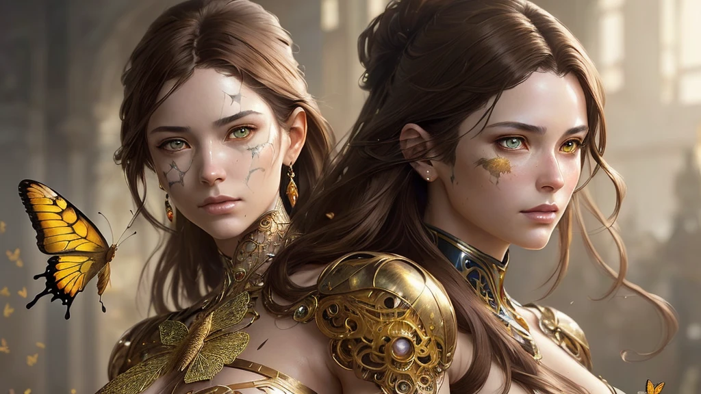 8K portrait of a beautiful cyborg with brown hair, complicated, elegant, muito detalhado, majestic, digital photography, Art by Artgerm and Ruan Jia and Greg Rutkowski, surreal painting, golden butterfly, filigree, broken glass, (masterpiece, side light, finely detailed beautiful eyes: 1.2), HDR,