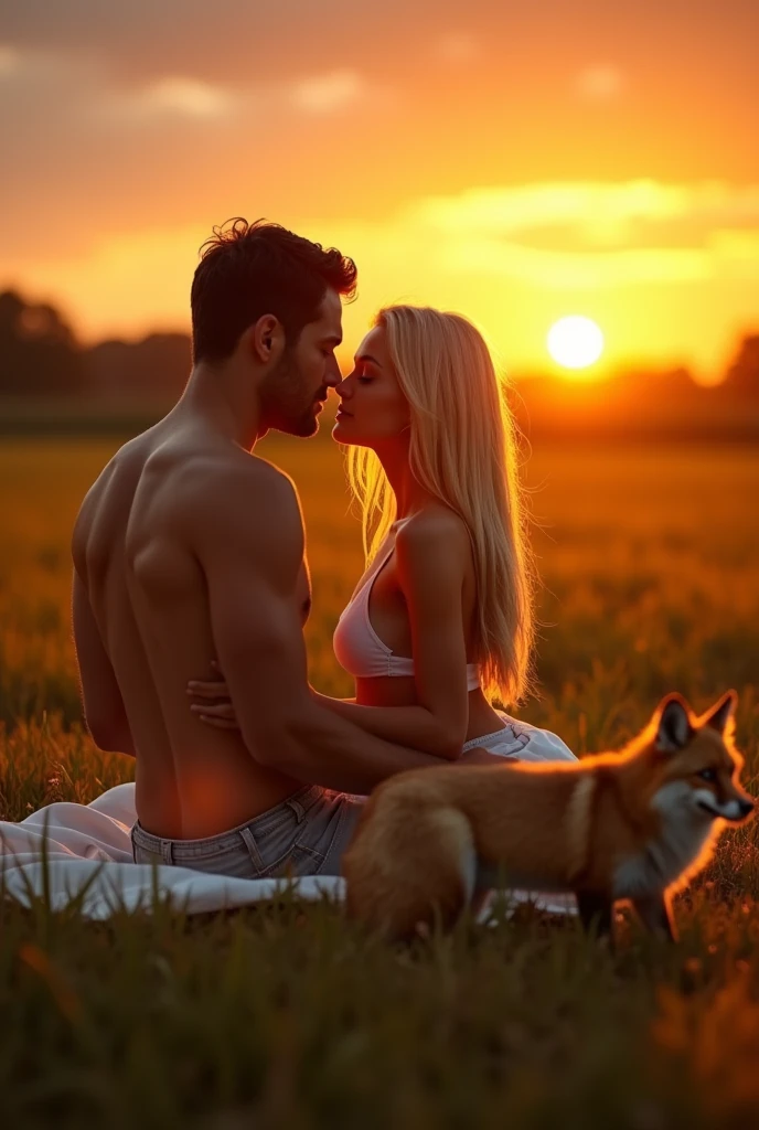 Blonde woman in white bikini sitting next to a man in a field, 8k sensual lighting, beautiful romantic sunset, Goldenhour, fantasy fox love, in the golden hour, in the golden hour, at sunset, bathed in golden light, Warm with sun shining, in the golden hour, golden hour scene, golden hour, beautiful and warm scene