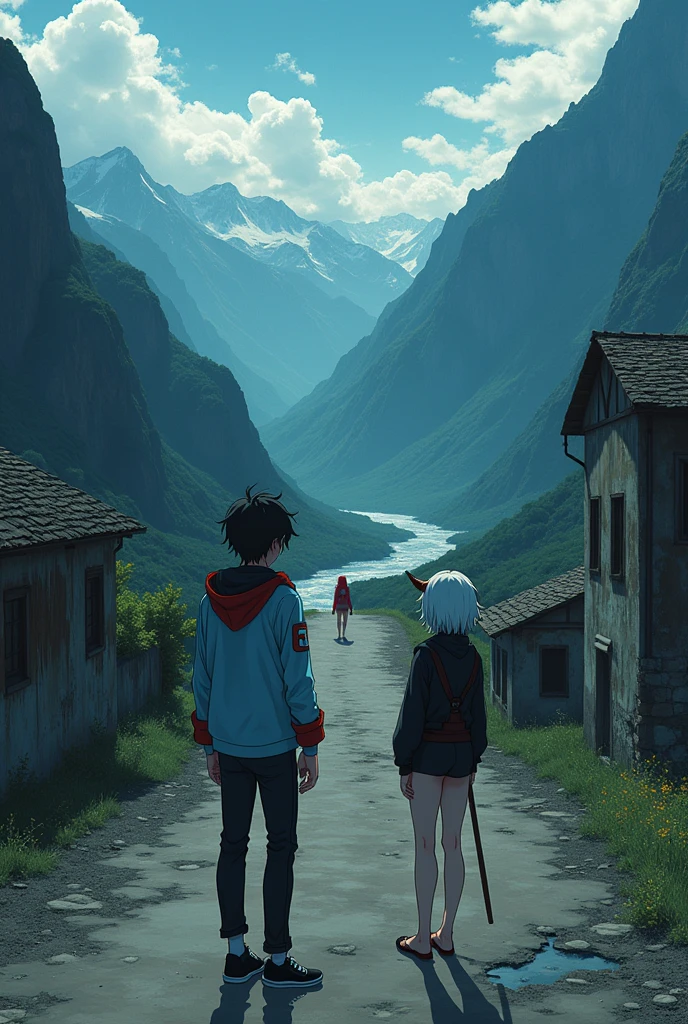 The image is anime style cowboy bebop and Darker than black with shadows and dim lights, anime style although somewhat adult and dark, It shows a rural road, where an old and destroyed building is located between the mountains, the view of the image is aerial. in the middle of a valley, where you can see mountains and a river below, on a vacant lot, very far, You can see an adult wearing a light blue jacket with red details, and black sneakers and an adult albino woman with short white hair wearing a black sweater and minishorts, He doesn't wear any more clothes, She is barefoot, Beautiful feet. both, They are standing at the other end of the road. On a very very far away mountain, There is a naked red-haired adult woman standing there with a single horn on her head, She wears her hair in a big braid.