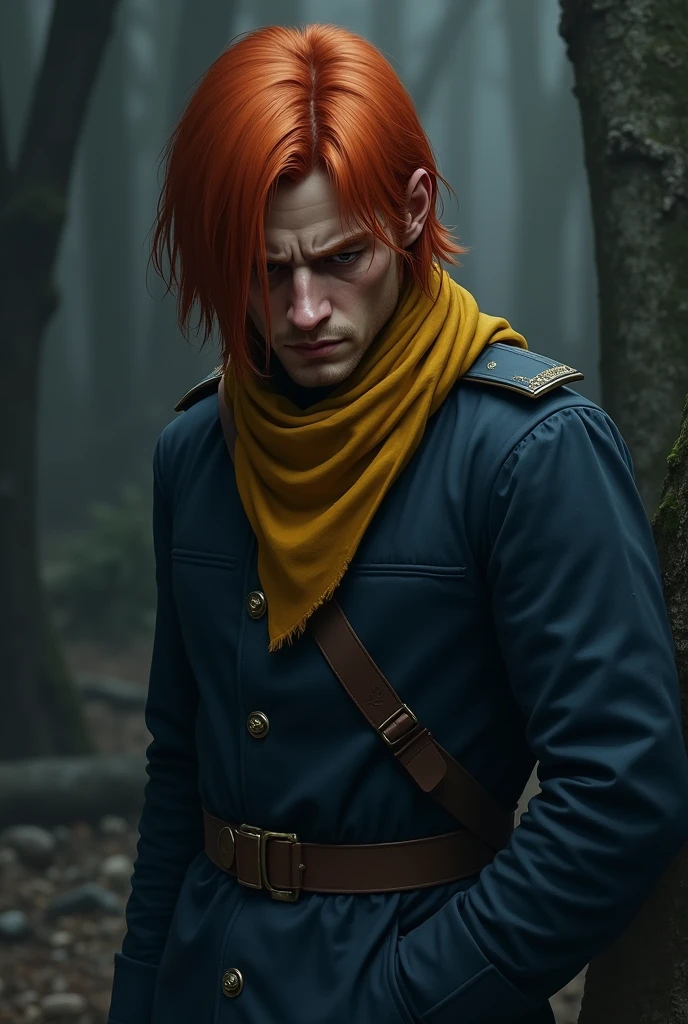 (masterpiece), high quality, ultra-detailed CG art, immersive atmosphere, (male character) with (blue eyes:1.2|red hair:1.1), clad in unique hunter attire, exuding a calm smile and (holding a syringe:1.3) prepared to administer medication from (medical kit on wrist), against the backdrop of a (haunting forest:1.5) shrouded in mist.