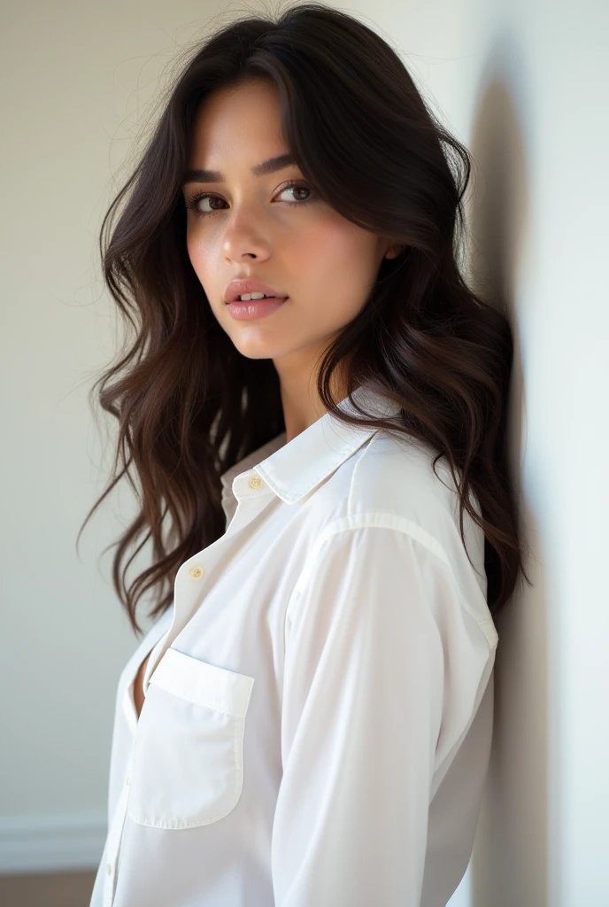 ((Highest quality、8k、masterpiece：1.3))、Sharp focus：1.2、Beautiful woman with perfect style：1.4、Turn to the side：1.2、Whole body 1.2((Dark brown hair、Model body type：1.2))、Standing leaning against a wall、(White button-up shirt:1.1)、White wall background:1.2、Curly Hair、Highly detailed face and skin texture、Detailed eyes、double eyelid、Dark Brown Hair