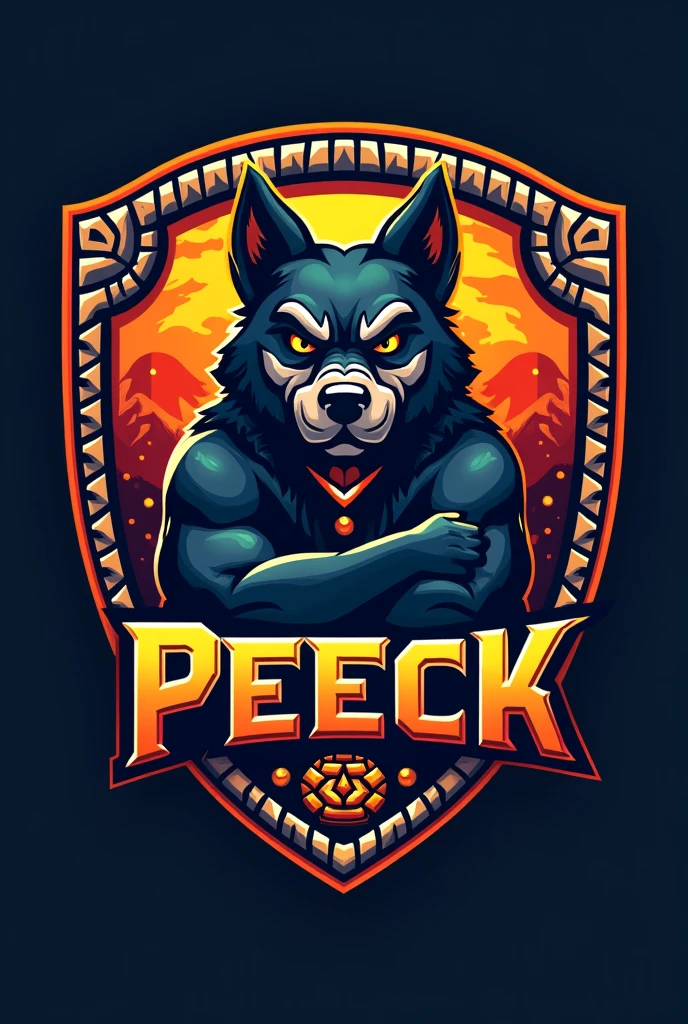 mayan style dog logo, for a sports team named Peeck that has striking colors but the dog looks imposing and that everything is surrounded by a border in the shape of a Mayan shield that has the name Peeck with striking words that the border has more Aztec details that has the dog glyph and that has details of a warrior&#39;s armor