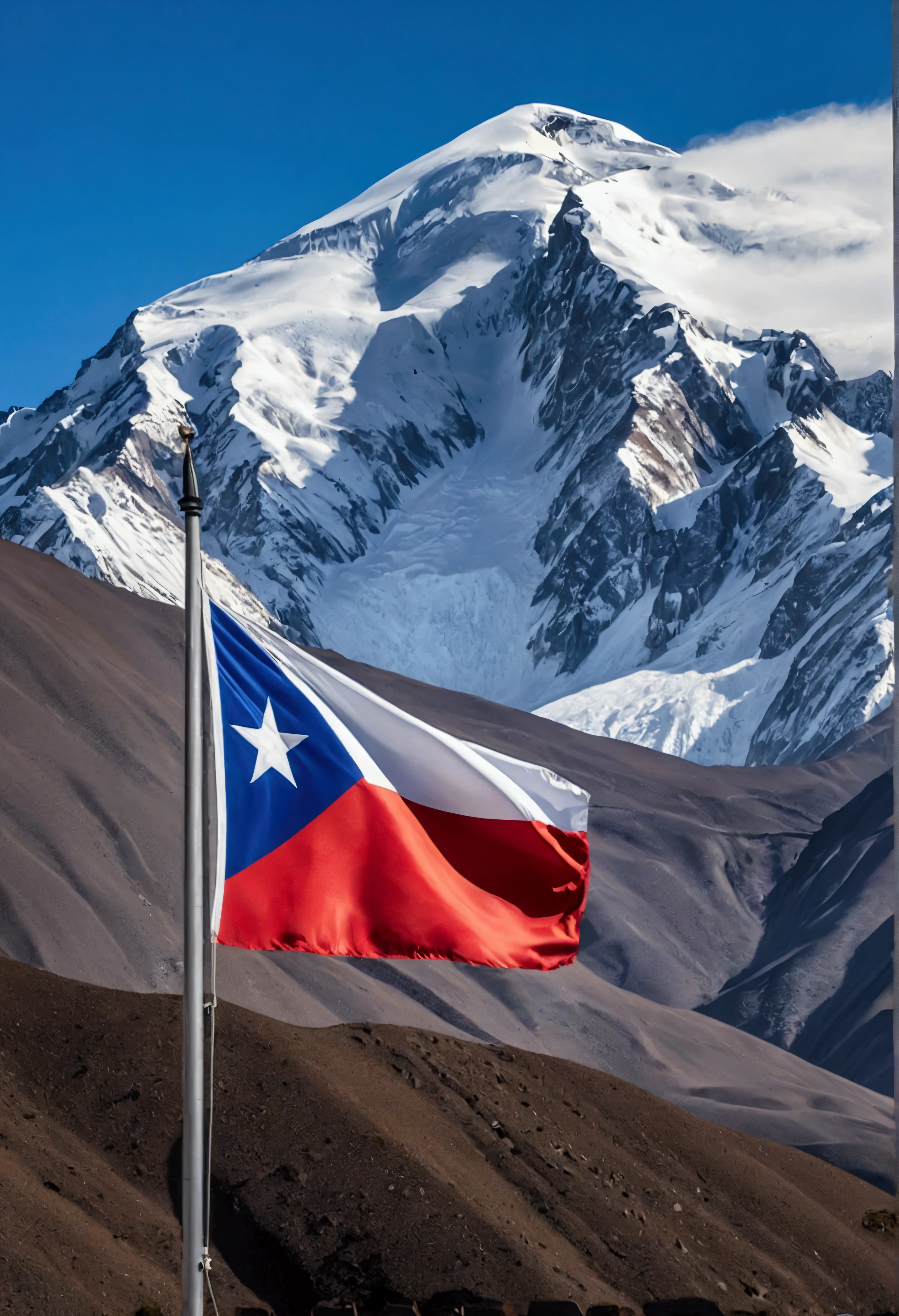 Photo of the Chilean flag and the Andes mountain range together