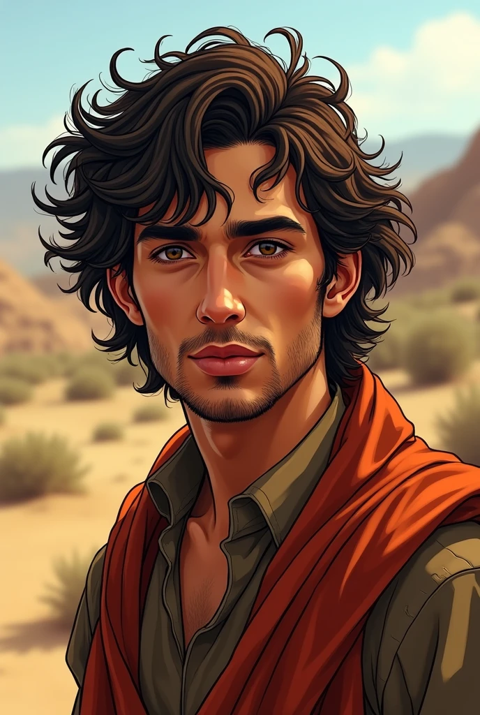 Can you generate a traceable image of a wavy or curly Romani hairstyle that goes up to the ears that would be worn by a Romani male