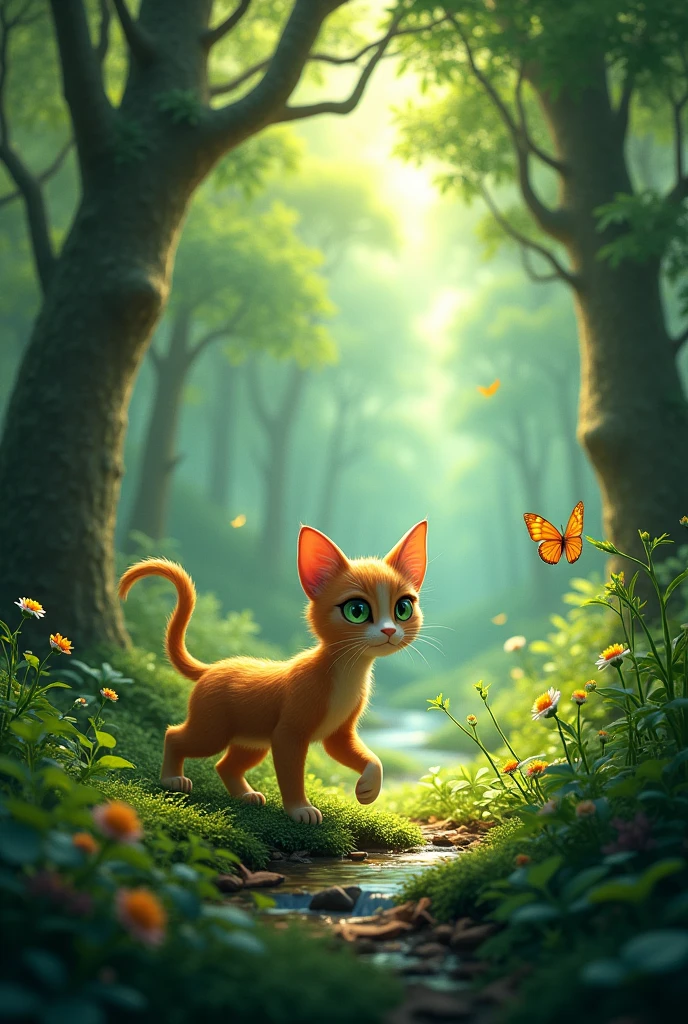 A cat walks in the forest.