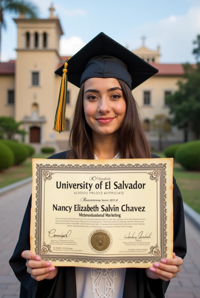 Create a degree from the University of El Salvador for a woman named Nancy Elizabeth Salvin Chavez who graduated from the International Marketing degree