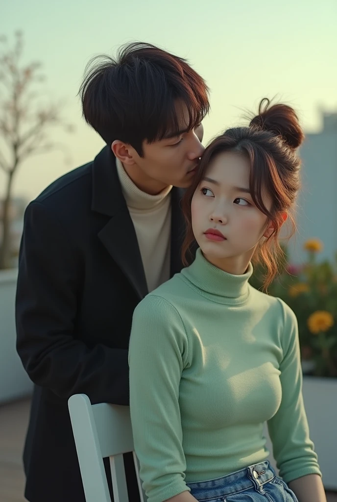 a beautiful japanese woman with messy bun highlighted brown hair, turtle neck light green floral print inner top and blue jeans skirt, the woman is is sitting on the white garden chair in a rooftop garden, the woman's face was sulky and the man persuaded her, he is standing behind the woman kiss her cheek from behind. the man is handsome japanese man wearing void black coat, turtle neck inner top. particles and nice lighting, UHD, HDR, 8k, Masterpiece, close up, realistic, hyper realisitc, over shoulder shot, woman is facing camera, focus on her sulky face.