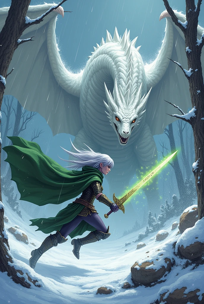 (Ultra detailed face, looking, Fantasy illustration with gothic, ukiyo-e, Comic art, rich colors),
break
(A female dark elf ranger confronts a white dragon in the middle of a snowstorm.. She's running, jumps and slashes at the White Dragon in a bold pose with a short sword, Both hands, enchanted by the green glowing acidic enhancement magic.),
break
(This is the extreme cold of the north. The trees in the forest turned to ice, The meteor shower is falling, and the air is so cold, that it sparkles. Snow continues to fall and fresh snow accumulates in the air.),
break
(DarkElves: A middle-aged dark elf with silver hair., blunt bangs, bob haircut and dark purple skin, lavender eyes.),
break
(DarkElves: A female dark elf ranger wears full mithril armor with runic embossing and a short green cape..)
