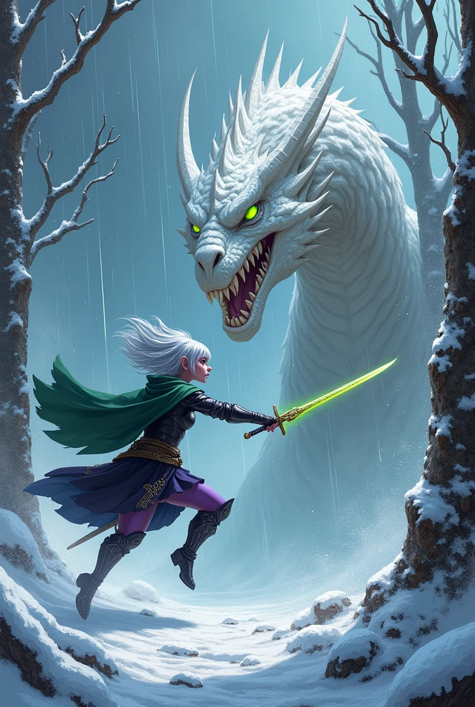 (Ultra detailed face, looking, Fantasy illustration with gothic, ukiyo-e, Comic art, rich colors), 
break 
(A female dark elf ranger confronts a white dragon in the middle of a snowstorm.. She&#39;s running, jumps and slashes at the White Dragon in a bold pose with a short sword, Both hands, enchanted by the green glowing acidic enhancement magic.), 
break 
(This is the extreme cold of the north. The trees in the forest turned to ice, The meteor shower is falling, and the air is so cold, that it sparkles. Snow continues to fall and fresh snow accumulates in the air.), 
break 
(DarkElves: A middle-aged dark elf with silver hair., blunt bangs, bob haircut and dark purple skin, lavender eyes.), 
break 
(DarkElves: A female dark elf ranger wears full mithril armor with runic embossing and a short green cape..)
