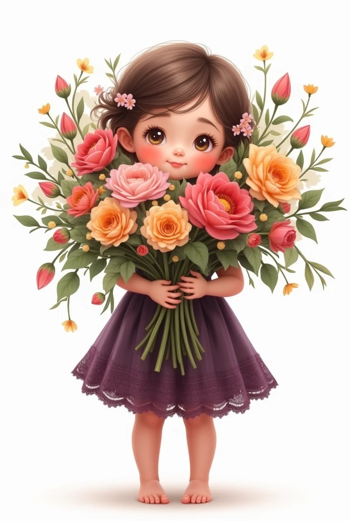 white background,baby girl standing,wearing cute dark purple shade lace frill frock,she holding large bunch of flowers,hard to hold that heavy flower bunch,some flowers are falling down,nice smiling Sophia face