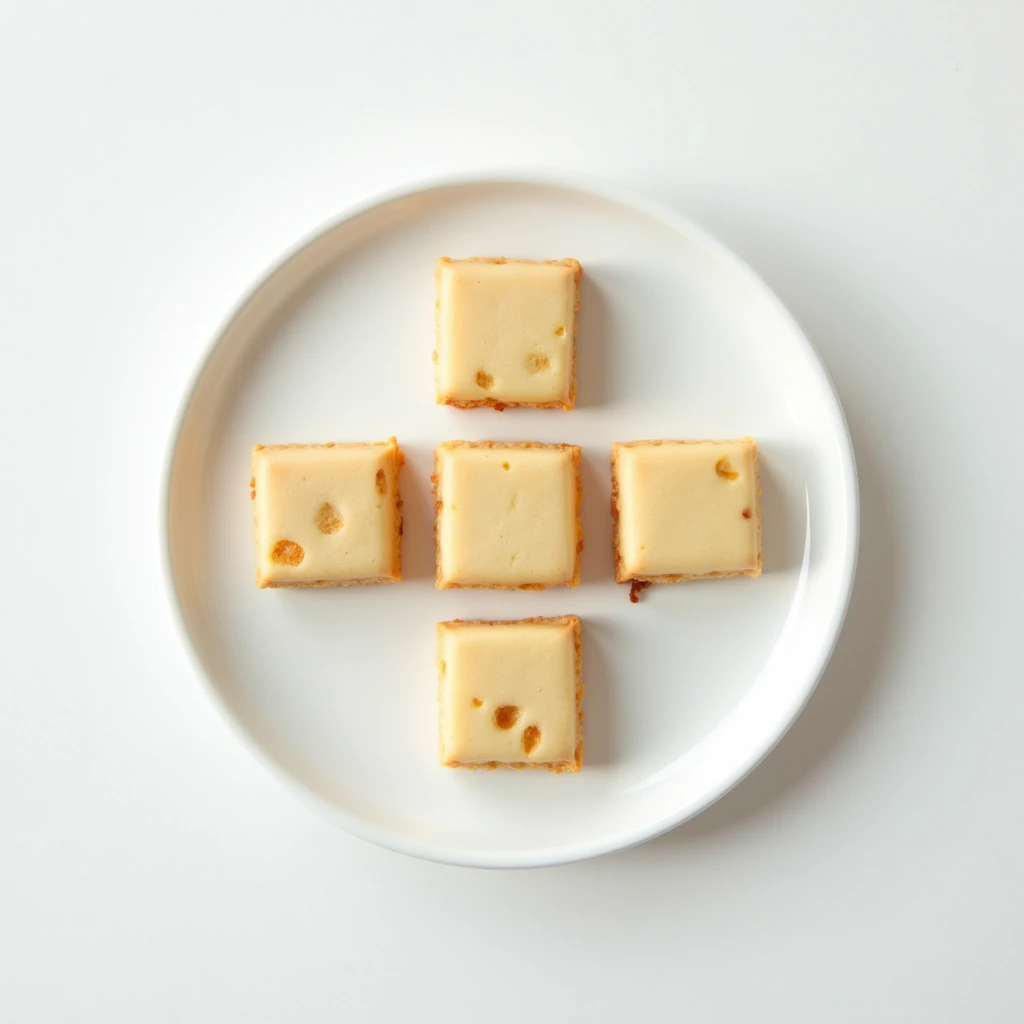 "Top-down angle focusing on a patternless white plate with neatly arranged square cookies on a patternless white table."