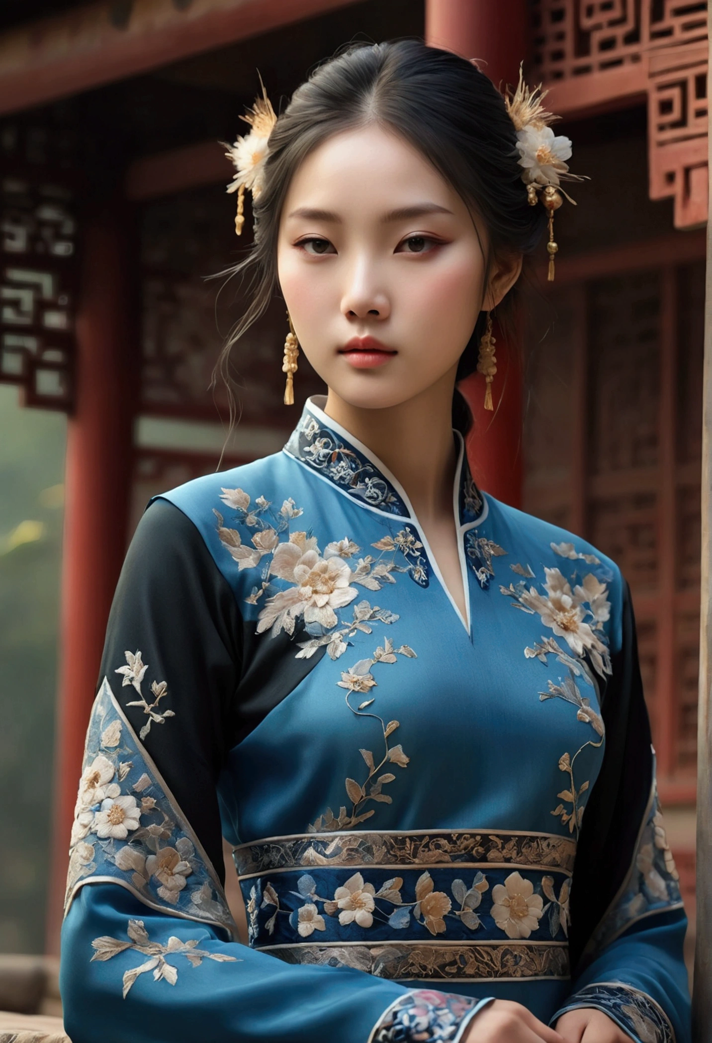 A girl, traditional Chinese blue dress with long black sleeves, realistic face, 4K, detailed portrait, detailed facial features, intricate embroidery, flowing fabric, beautiful ornaments, delicate skin, natural lighting, warm color palette, cinematic composition, photorealistic, masterpiece, ultra-detailed