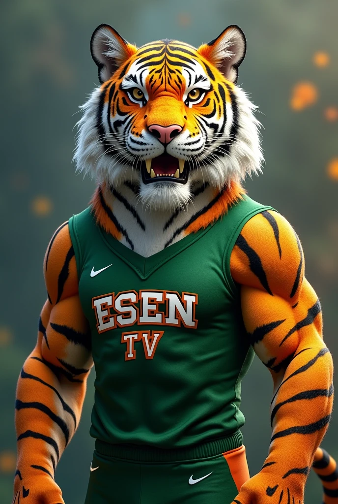 Tiger as a high school mascot with a green uniform that says ESEN TV