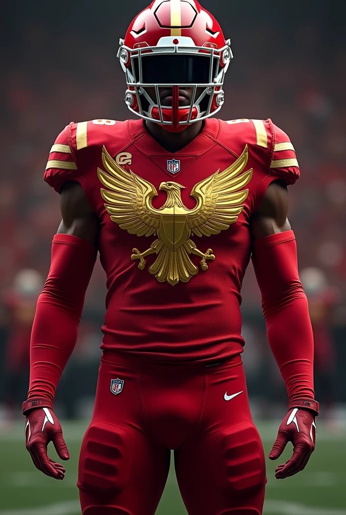 Football uniform with red colors and gold details eagle logo 
