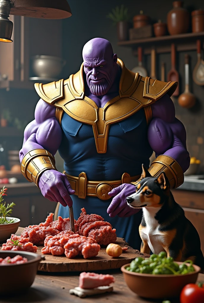 (best quality,photography), Thanos preparing mutton and chicken item and female dog sitting by his side