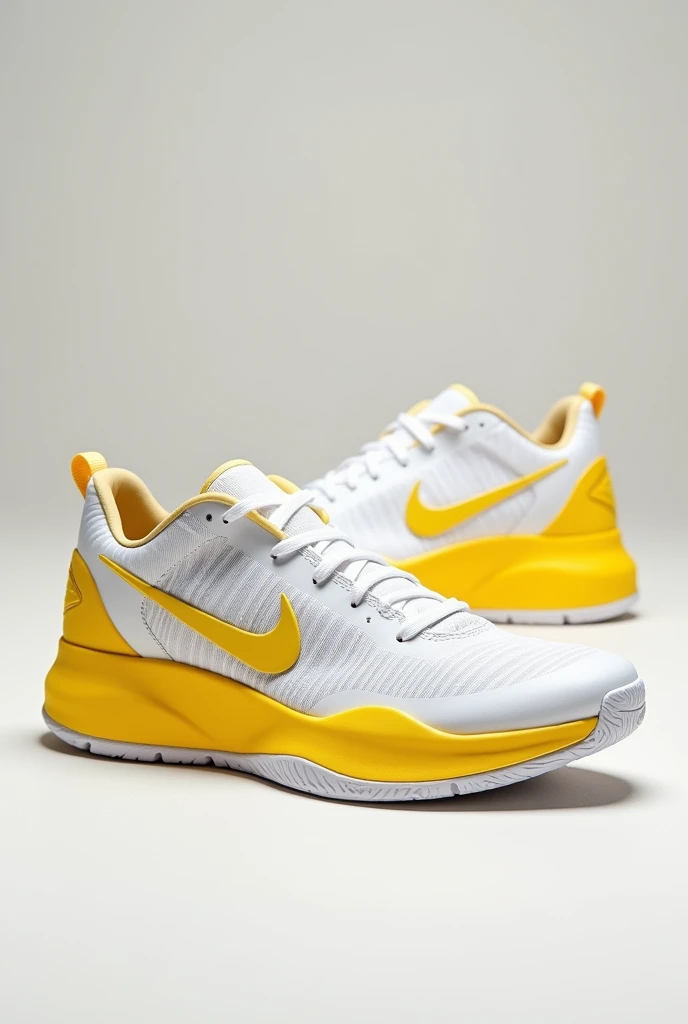 White and yellow basketball shoes, modern style for men, name brand "KANIX" no other name or brand.