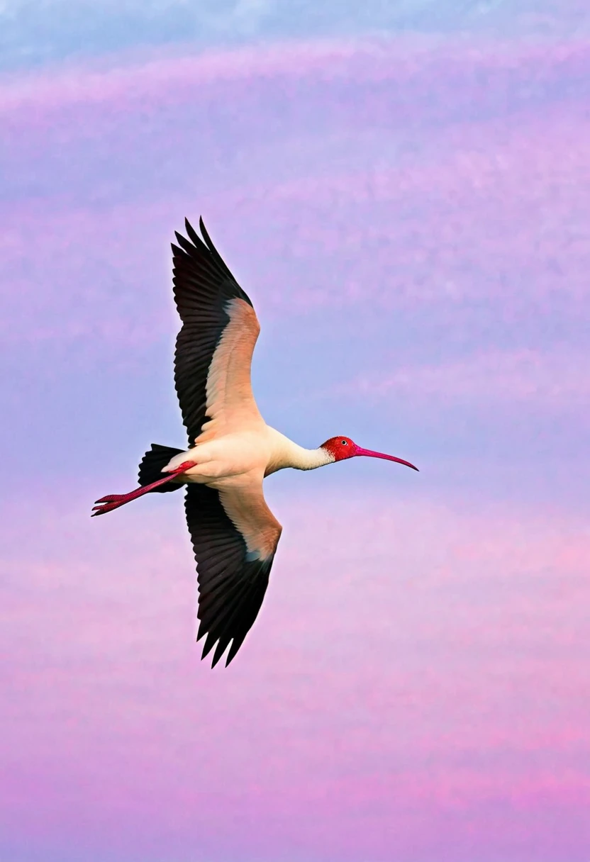 Japanese nature, the sky where the crested ibis flies, the color of the crested ibis' wings is beautiful, the pale pink of the evening sky and the color of the ibis' wings harmonize, the camera looks up at the ibis as it flies,