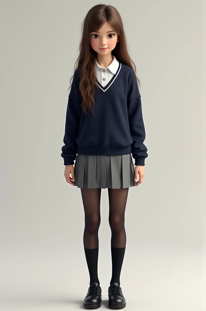 I want you to make an avatar of me, I have long brown hair with a tuft but it's hardly noticeable because it doesn't have much hair., My skin tone is light but not that much, my eyes are brown , I want to have a school uniform that is a gray pleated skirt, black sheer tights with black shoes, a white polo shirt below and a dark blue school sweater