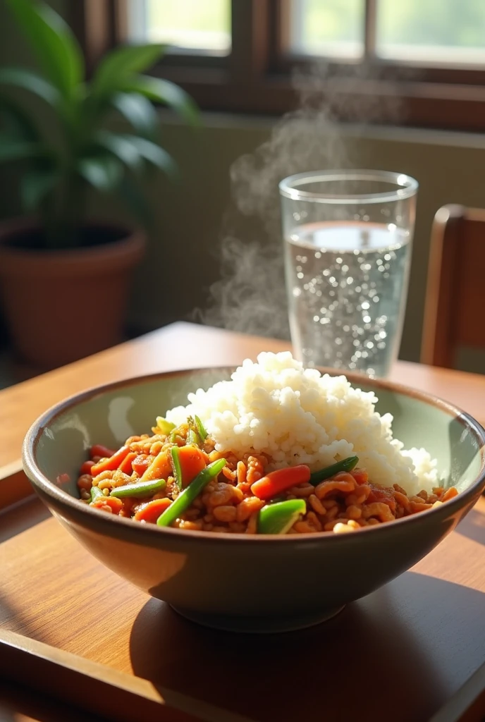 Cup of rice, chopsuey and water