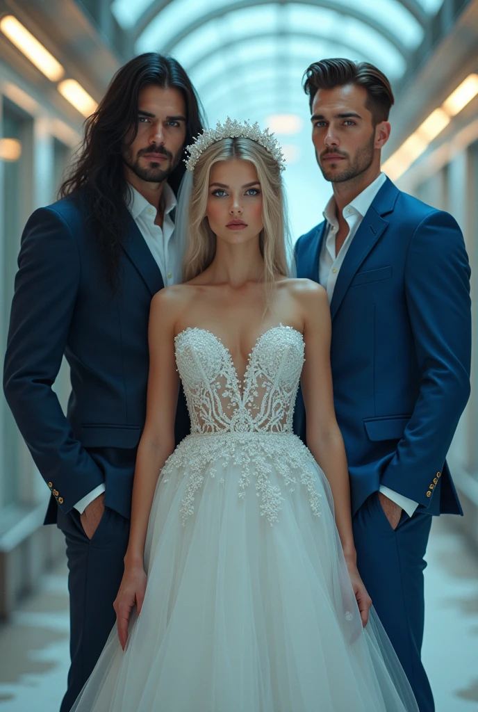 a girl in a wedding dress with light hair and grey eyes, and two men at his side, one with a black suit and long black hair and gray eyes and a very well-formed body and a beautiful look, super beautiful, the other with a blue suit, brown hair and dark eyes , The one with black hair is prettier than the other , en una pose defiant Cyberrealist