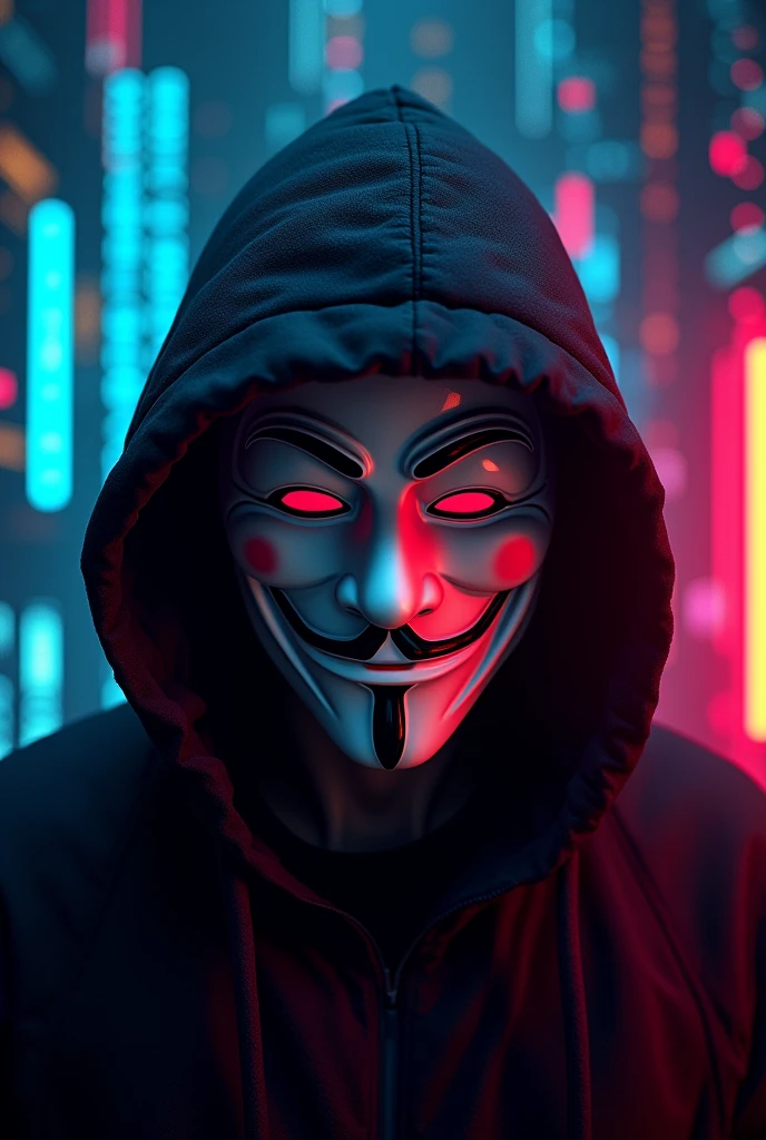 a highly detailed mask of anonymous, V for vendetta mask, neon alpha coders sign, dark background with computer code fragments, vibrant neon colors, photorealistic, cinematic lighting, 8k, best quality, hyper realistic, intricate details, dramatic shadows, moody atmosphere, cinematic perspective