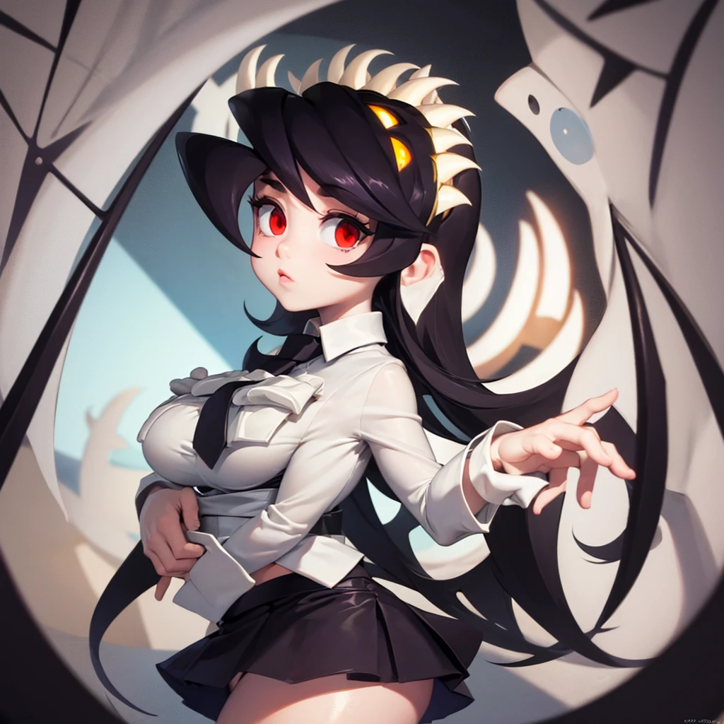 Filia, one girl, big thighs, big boobs, tiny waist, big eyes, big lips, beautiful woman, cartoonish, black tiny skirt, white shirt, black tiny tie,