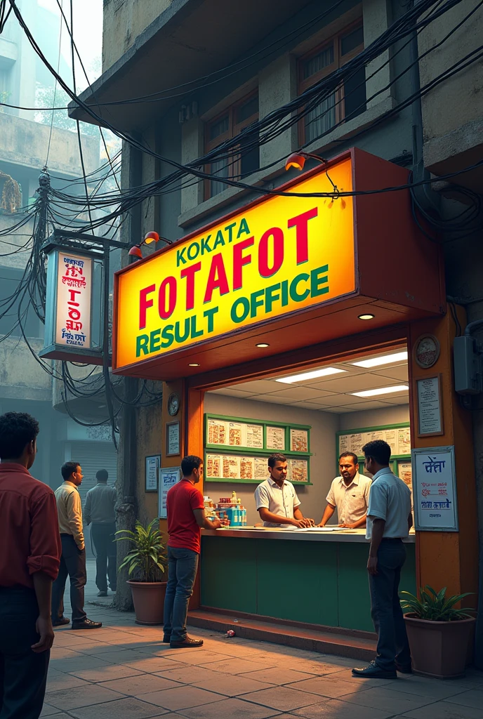 Lottery office, the signboard in front of the office will read: Kolkata Fotafot Result office