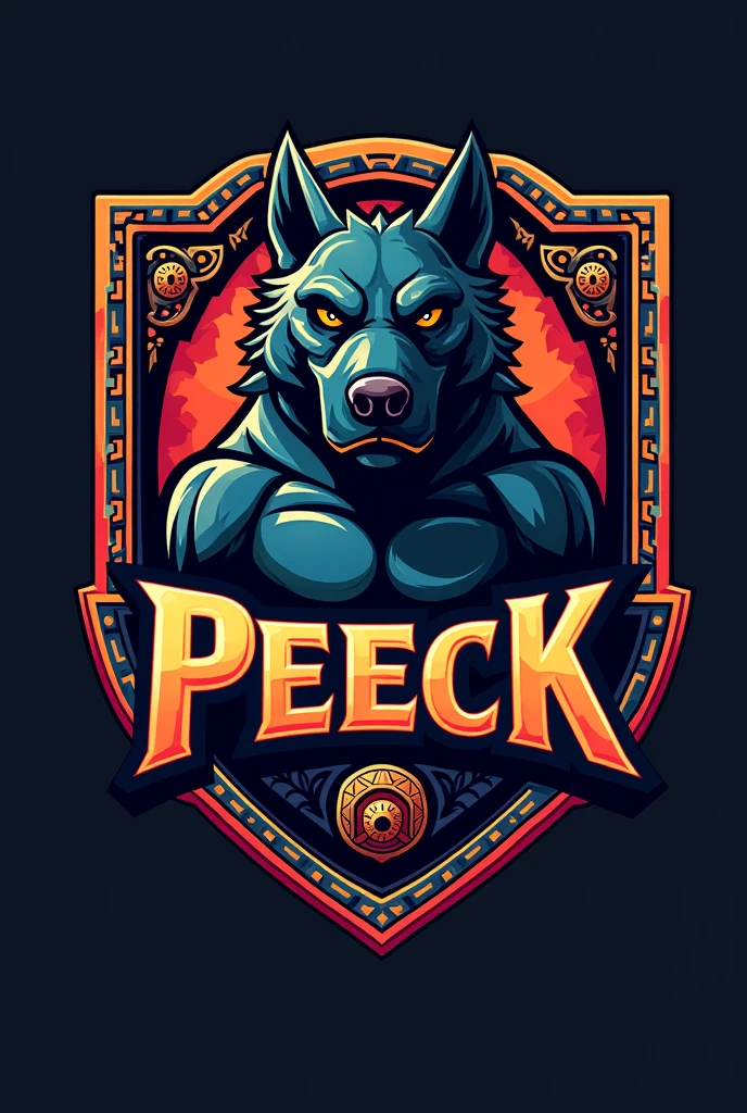 mayan style dog logo, for a sports team named Peeck that has striking colors but the dog looks imposing and that everything is surrounded by a border in the shape of a Mayan shield that has the name Peeck with striking words that the border has more Aztec details that has the dog glyph and that has details of a warrior's armor