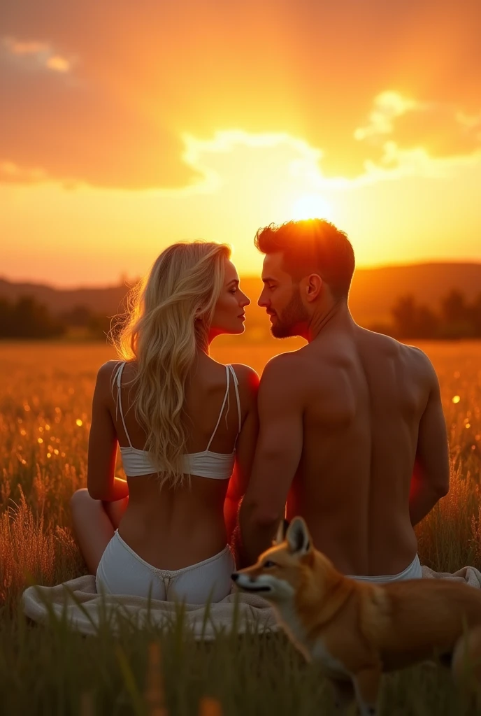 Blonde woman in white bikini sitting next to a man in a field, 8k sensual lighting, beautiful romantic sunset, Goldenhour, fantasy fox love, in the golden hour, in the golden hour, at sunset, bathed in golden light, Warm with sun shining, in the golden hour, golden hour scene, golden hour, beautiful and warm scene