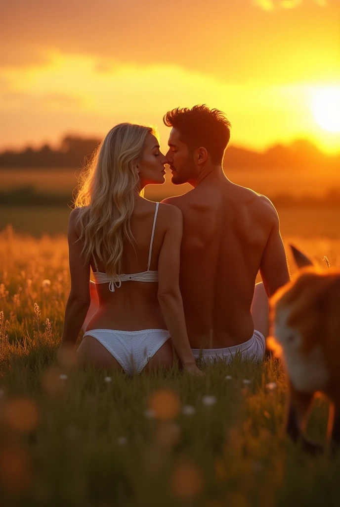 Blonde woman in white bikini sitting next to a man in a field, 8k sensual lighting, beautiful romantic sunset, Goldenhour, fantasy fox love, in the golden hour, in the golden hour, at sunset, bathed in golden light, Warm with sun shining, in the golden hour, golden hour scene, golden hour, beautiful and warm scene