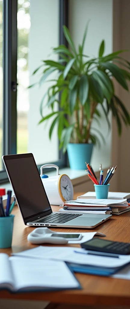 An office with materials such as : un laptop, beautiful pens, books, notebooks, files, un calculatrice, a water worm, a clock and a telephone