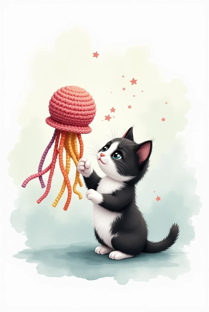 Cute drawing of a black and white kitten playing with a crochet jellyfish in watercolor style