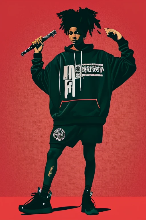 A background filled with scattered musical notes in various sizes and colors、
Creative logo illustration of a silhouette with dreadlocks and red headphones,
Banksy、
A background completely filled with scattered musical notes in various sizes and colors, covering the entire screen.
singer、マイク、
beautiful girl colorful image
Dance hiphop Dance CREW Waacking Dance
Punking
black medium hair black medium hair
Five fingers Baggy clothes Baggy clothes
HIPHOP crew、