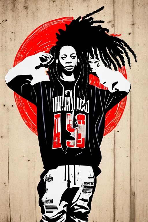 A background filled with scattered musical notes in various sizes and colors、
Creative logo illustration of a silhouette with dreadlocks and red headphones,
Banksy、
A background completely filled with scattered musical notes in various sizes and colors, covering the entire screen.
singer、マイク、
beautiful girl colorful image
Dance hiphop Dance CREW Waacking Dance
Punking
black medium hair black medium hair
Five fingers Baggy clothes Baggy clothes
HIPHOP crew、