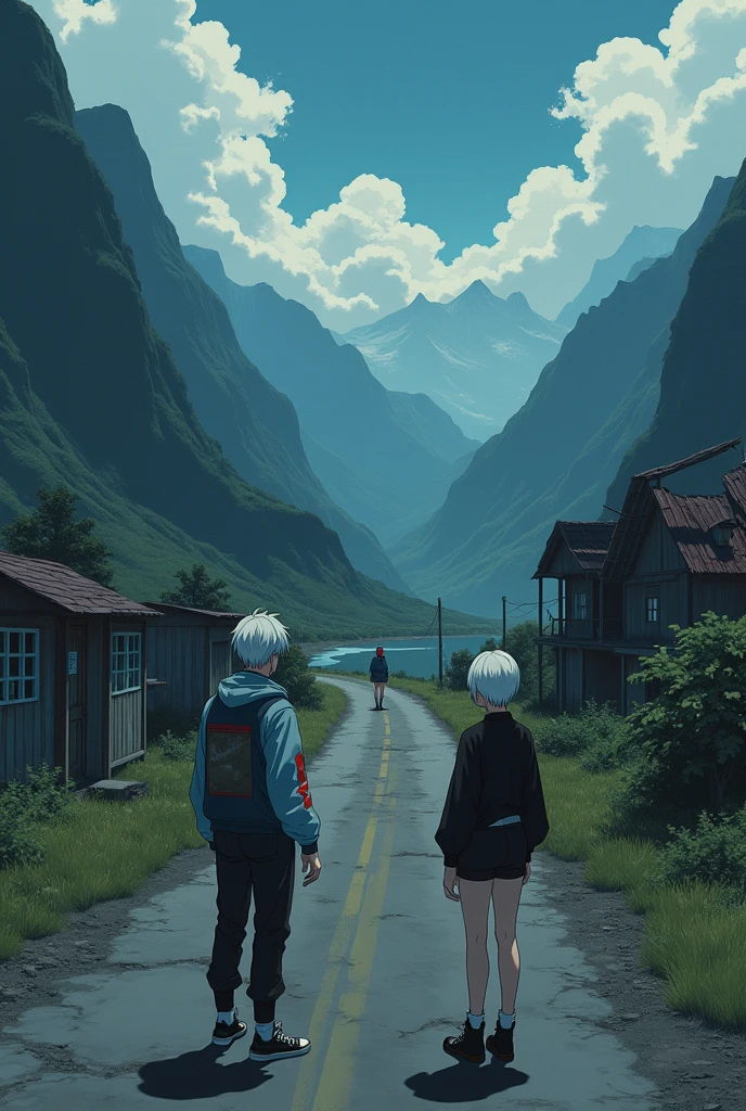 The image is anime style cowboy bebop and Darker than black with shadows and dim lights, anime style although somewhat adult and dark, It shows a rural road, where an old and destroyed building is located between the mountains, the view of the image is aerial. in the middle of a valley, where you can see mountains and a river below, on a vacant lot, very far, You can see an adult wearing a light blue jacket with red details, and black sneakers and an adult albino woman with short white hair wearing a black sweater and minishorts, He doesn't wear any more clothes, She is barefoot, Beautiful feet. both, They are standing at the other end of the road. On a very very far away mountain, There is a naked red-haired adult woman standing there with a single horn on her head, She wears her hair in a big braid.