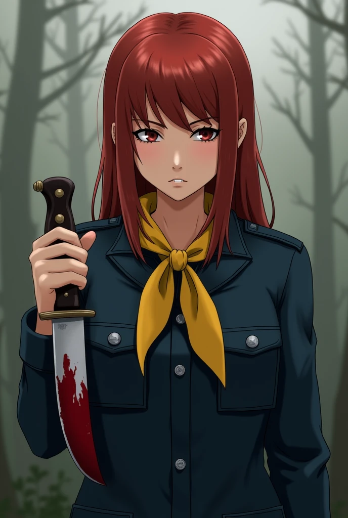 dejected straight haired redhead in a dark blue hunting uniform and a yellow bandana around his neck holding a knife with blood