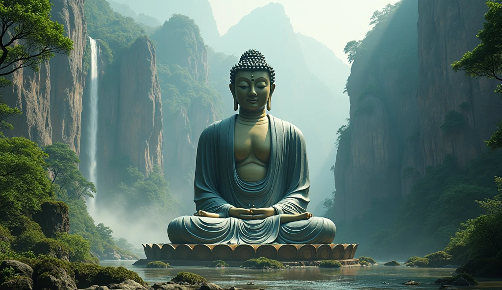 A giant, Realistic depiction of Leshan Buddha, Blend seamlessly with nature, surrealism, Ultra-detailed, Photorealistic:1.37, 3D rendering, Cinematic lighting, Divine light, Ultra-high definition, Masterpiece:1.2, Textured skin, Best quality, high resolution