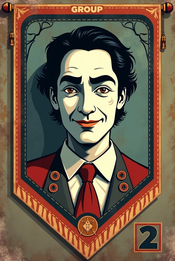 Create an image for a Scout pennant with the name Marcel Marceau (that has something representative of it, for example a mime) and that contains written group 2