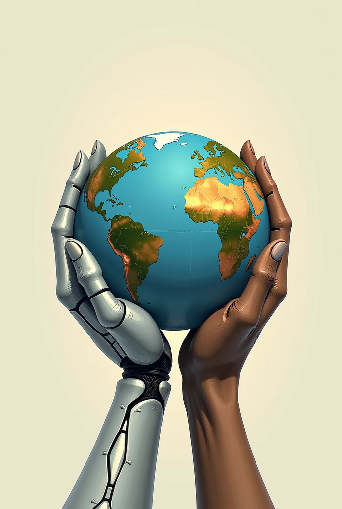 Create a drawing where a robotic hand and a human hand hold the planet Earth, making one of the most human hands visible.

