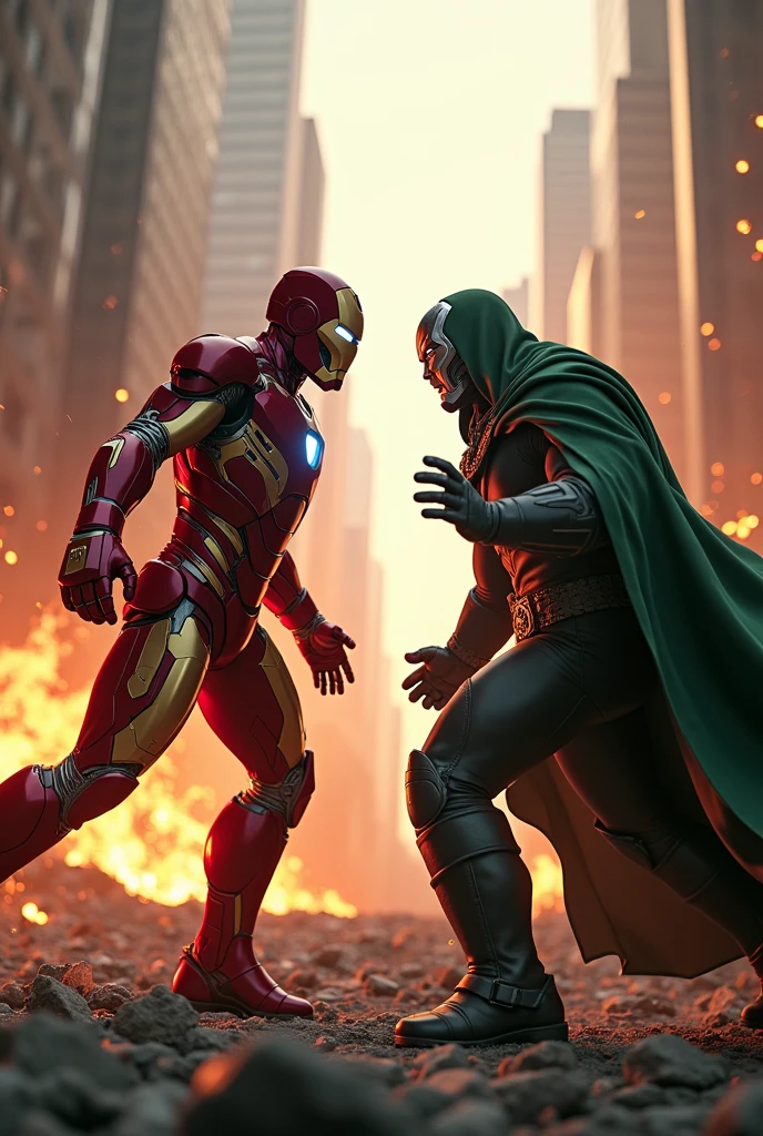 Robert Downey Jr as ironman vs doctor doom with mask in Avengers Dooms day