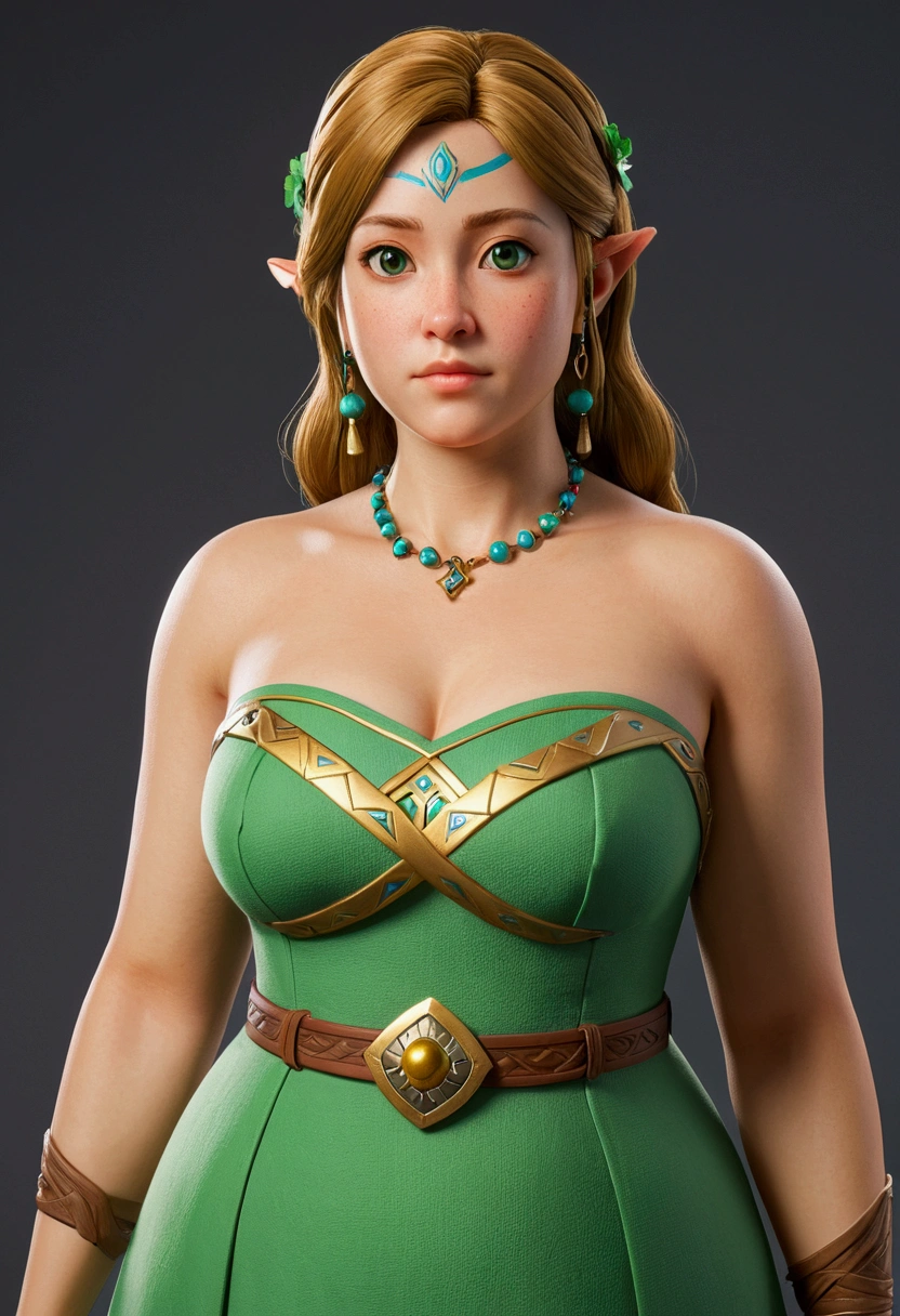 A woman that looks like Cotera from Breath of the Wild in real life, in her 40s, thick shapely body, sharp facial features, long pointy nose, alluring eyes, buxom, wearing a strapless green dress, chubby body, entire body visible, full body, hyperrealistic, best quality, 8K, real human skin, masterpiece, extremely intricate, medium closeup, detailed eyes, detailed face, detailed body, exaggerated features, pronounced features
