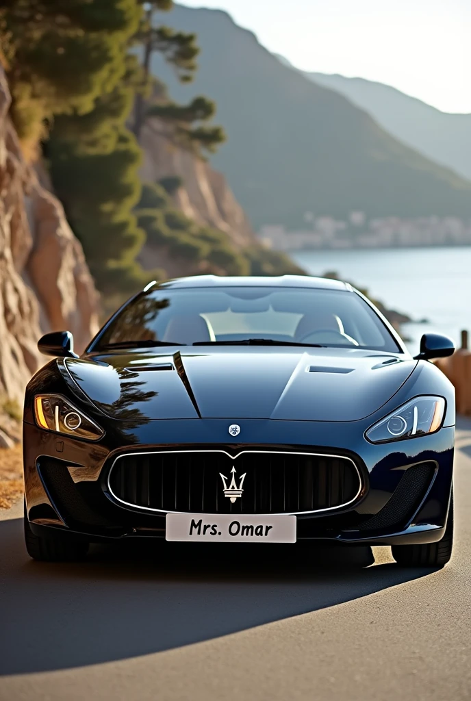Create a maserrati with plate number written Mrs. Omar