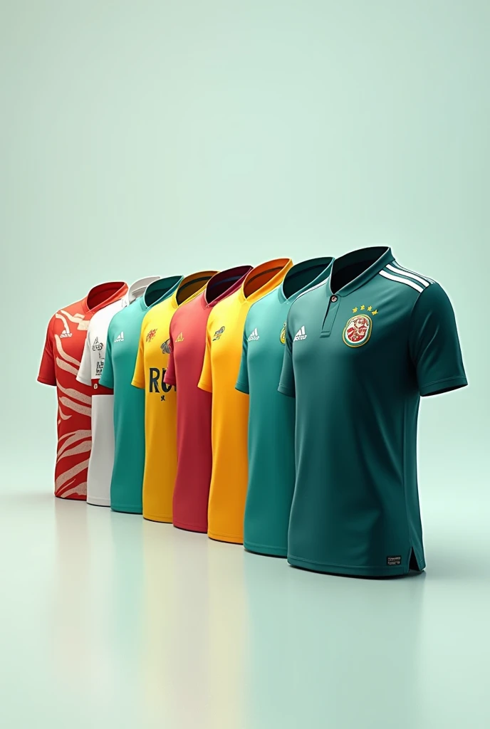 Design several football shirts, place them in a row, brand name EarthFootball.