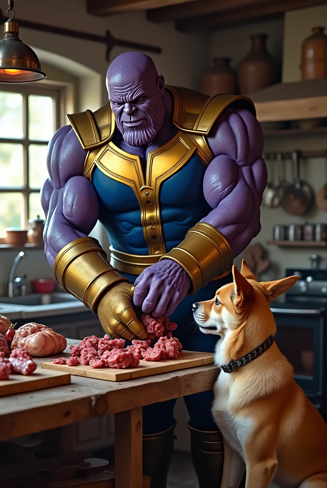 (best quality,photography), Thanos preparing mutton and chicken item and female dog sitting by his side