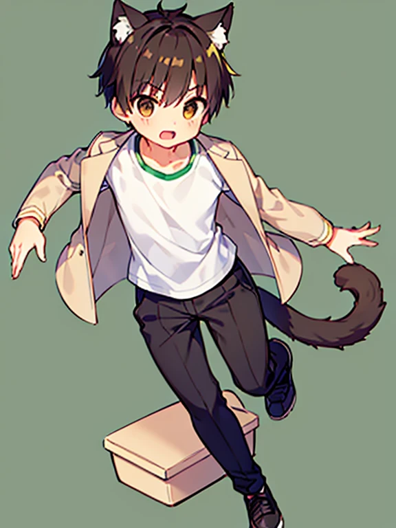 1boy, close mouth, short hair, brown hair, brown eyes, NEKOMIMI, cat tail, white T shirt, gray jacket, black pants, put hands on body, standing, full body, green background, close mouth,