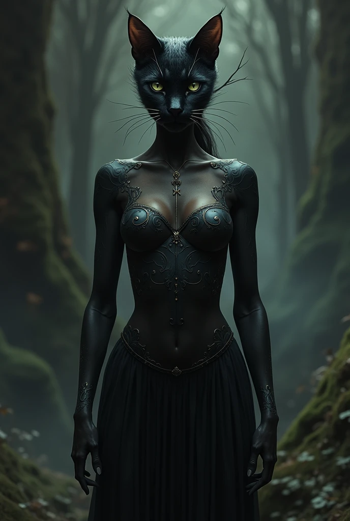 drawing of woman with black cat face full body