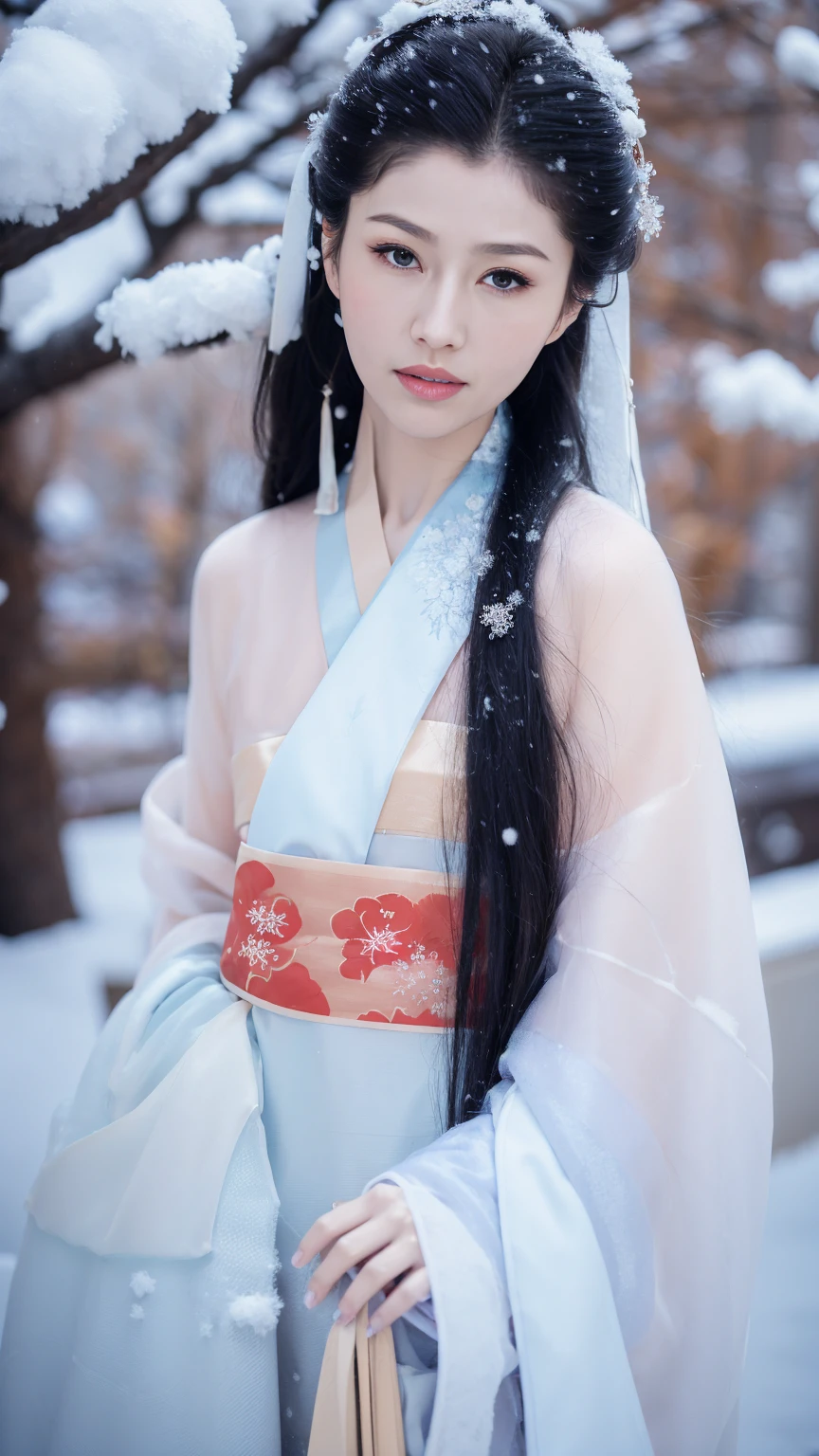 1 Fashion Model [[[[close up]]]], [[[[neck]]]], [[[[Shoulder]]]], (((Complete head)))，(((Complete hairstyle)))，Perfect eyes, Perfect Iris，Perfect lips，Perfect Teeth，Perfect skin，White skin，Soft headlights，High-density imaging，Black long hair，（Clean and delicate face），((Simple fur winter Hanfu))，((Half-length photo))，((The background is a snowy scene))，((winter))，((Various dynamic poses))，((The background is a snowy scene))，best quality，masterpiece，（Soft colors：1.2）