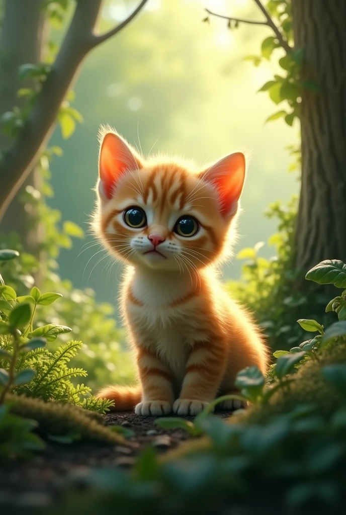 Very cute close-up of a kitten sitting in the forest., Soft volume lamp (backlight: 1.3), (Kinetics: 1.2), complicated details, ((A cat walks in the forest.))