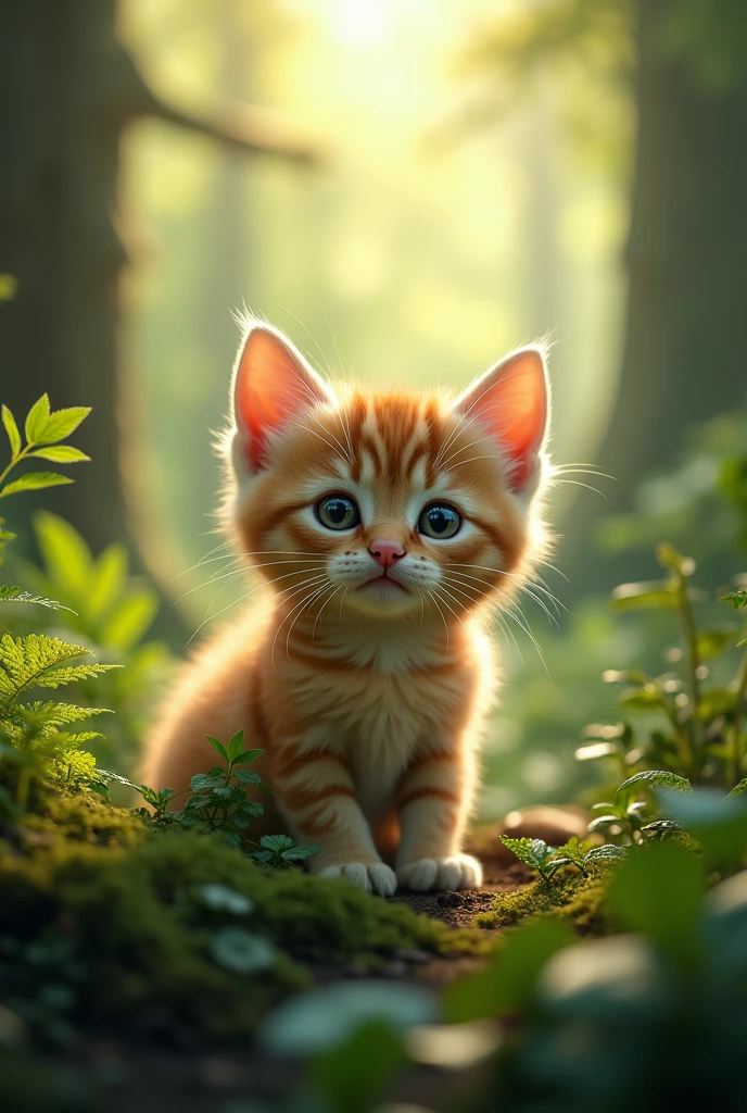 Very cute close-up of a kitten sitting in the forest., Soft volume lamp (backlight: 1.3), (Kinetics: 1.2), complicated details, ((A cat walks in the forest.))