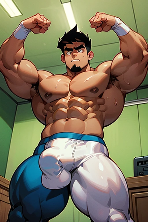 Danny Fenton from Danny Phantom animated series as a big dumb teenage muscular bodybuilder jock in a locker room flexing and staring blankly with mouth gaping open as his eyes glow under hypnosis as he repeats, "Bigger... Dumber.... Must obey.... More like a jock bro every day.... Yes, Coach. I obey. Huhuhuhuh.... Sweaty brutes must obey.... Sweaty brutes do what you say.... Big ... sweaty ... musky jock bro.... The muscles must grow. The old smarts must go.... Recruit the nerds and watch them grow. Make them like us, ... more big dumb jock bros. Huhuhuh.... We will grow. We will spread. We will make more dumb jocks.... We will grow... We will spread... We will make more dumb jocks.... We will grow. We will spread. We will make more dumb jocks.... Assimilate.... Grow.... Transform.... Become.... Convert.... Be a dumb jock...." in deep mindless emotionless voice with fellow hypnotized jocks to forget about catching ghosts and focus instead on training his body and obeying his coach. Mouth dropped open. Hyper swollen bulging crotch. Hyper muscles. Toned muscles. 5% body fat. Steam rising from armpits and shoulders. Big biceps. Big triceps. Broad shoulders. Big traps. Big lats. Big meaty pecs. Massive deltoids. Six-pack abs. Spherical glutes. Brainwashing. Hypnosis. Hypnotized. Bro. IQ drain. Dumber and dumber. Meathead. Musclehead. Mindless. Hypno. Mind control. Brain drain. Entranced. Brute. Brutification. Brain drain. brainwashed. brainwash. Meathead jock bro assimilation. Mindless. Brainless. Empty stare. Hairy pecs. Hairy armpits. Treasure trail.